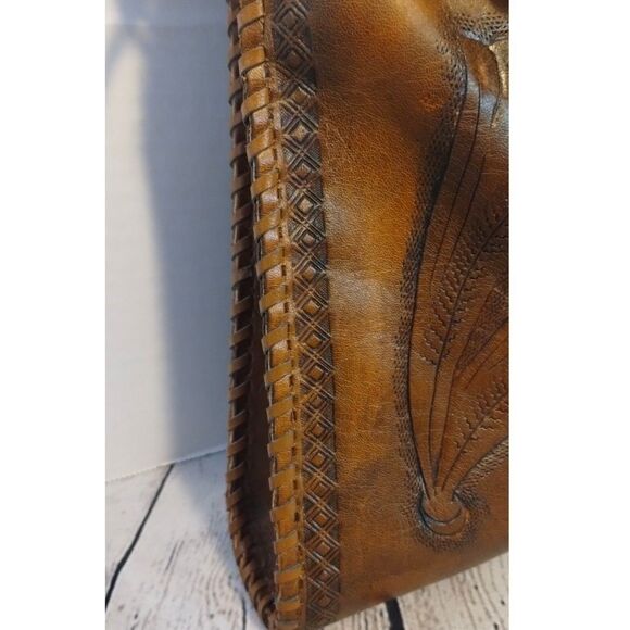 Vintage BOHO Handcrafted Stitched Tooled Leather Saddlebag Purse Floral Design - Picture 7 of 10